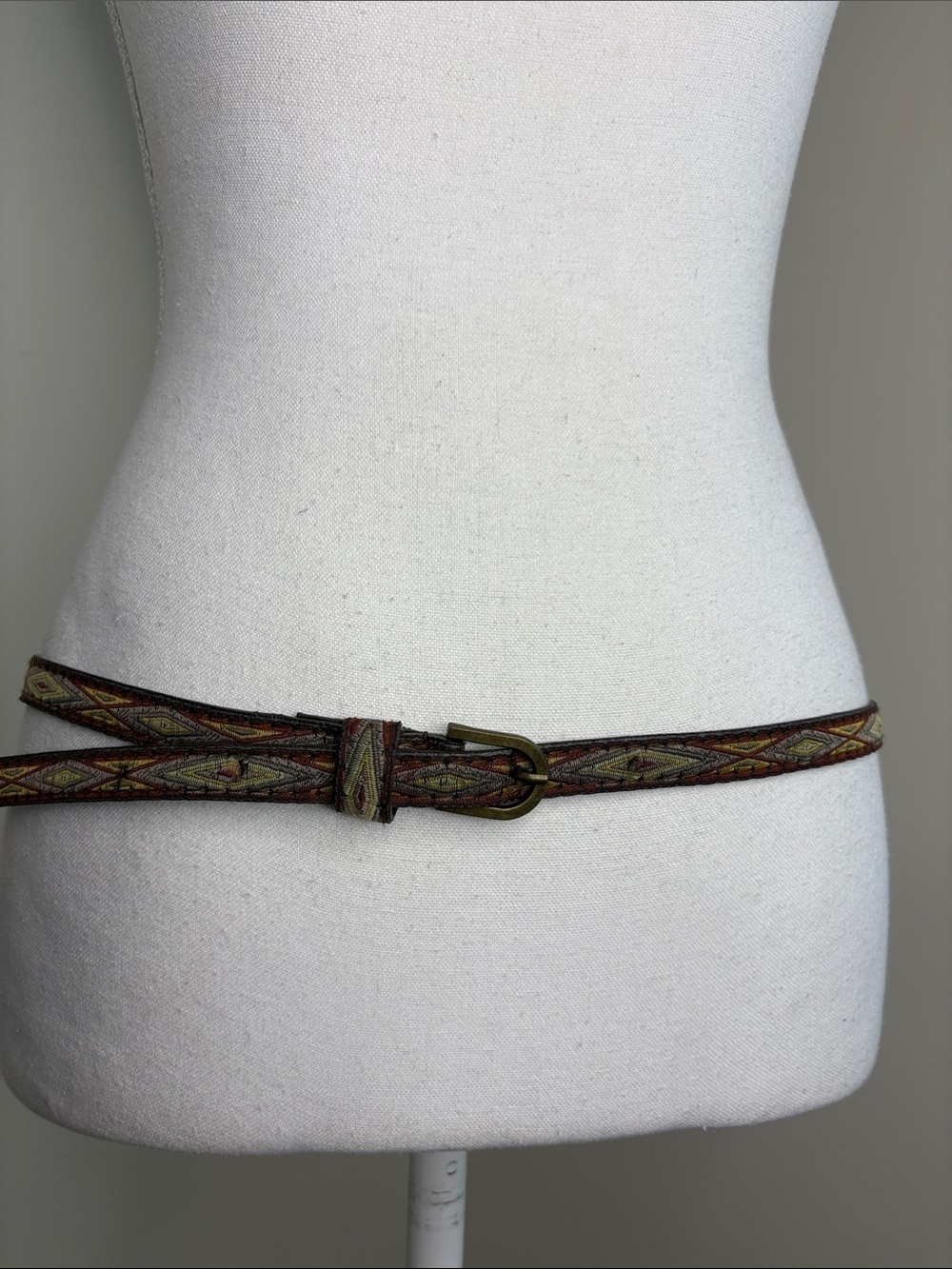 Woven Geometric Pattern Slim Waist Belt - Brown. Boho